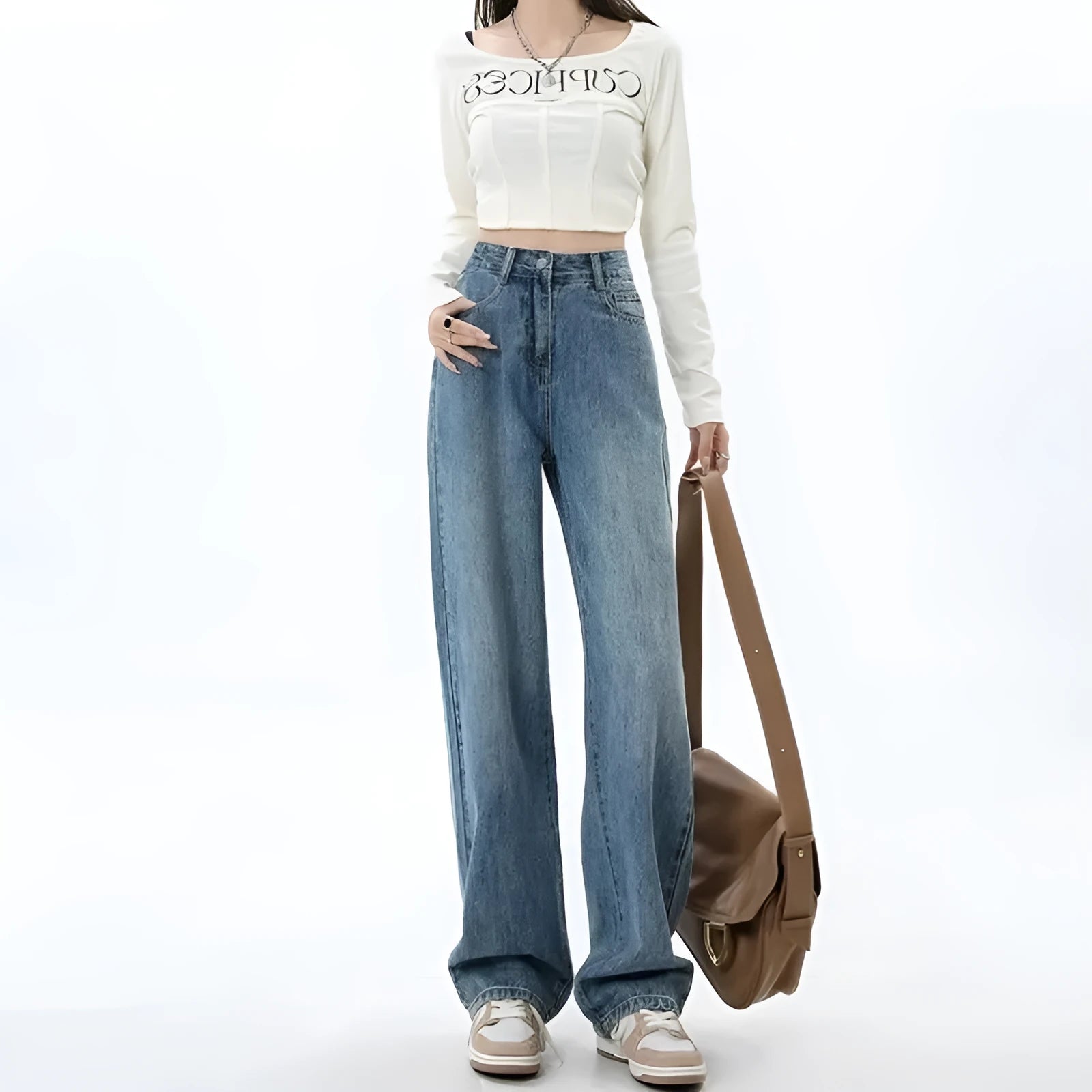 Retro blue women's wide leg jeans with high waist design on hanger