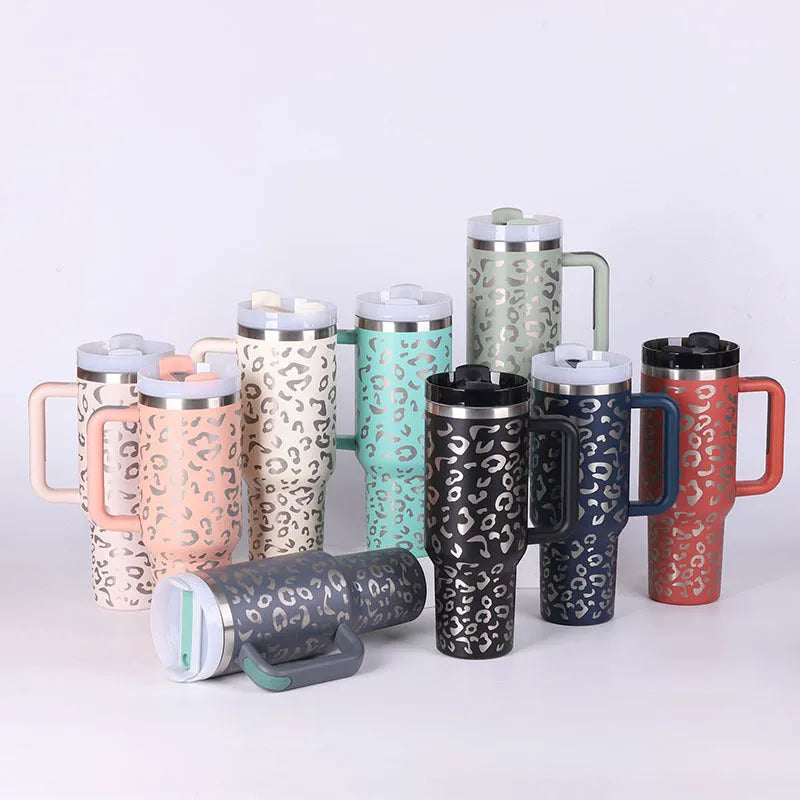 40 oz insulated stainless steel tumbler with handle straw and spill proof lid in a tapered design for car or gym use
