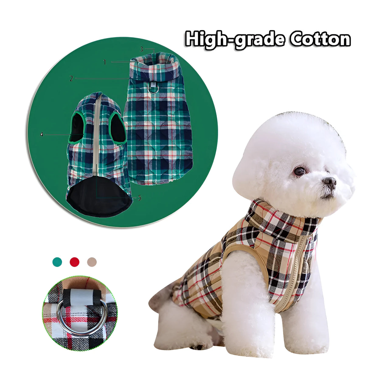 Winter dog jacket in heavy cotton quilted gourd fabric with plaid pattern and reflective webbing