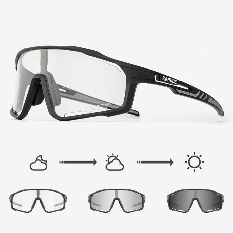 Photochromic cycling sunglasses with semi-rimless TR90 frame on a solid colour background