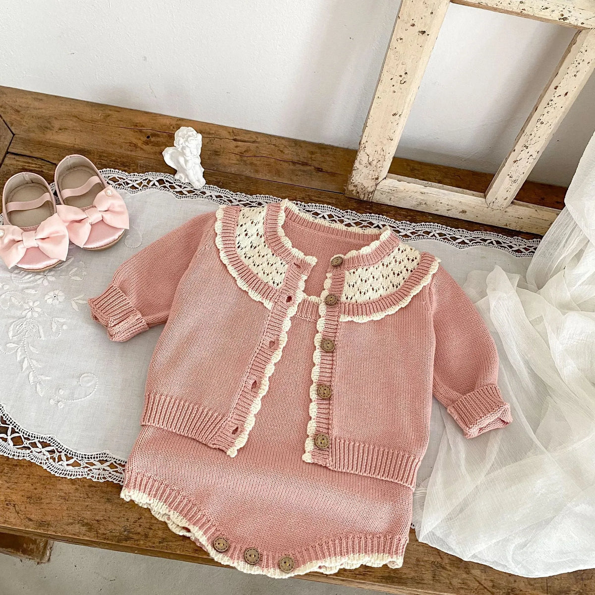 Baby girl cotton knitting suit contrast color sweater suspender romper in pearl powder for 66-100cm height