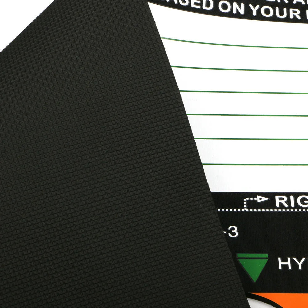 Black neoprene golf swing stance practice pad with alignment markers for posture correction.