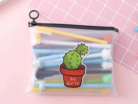 Marvel Cactus cartoon themed plastic pen case containing twenty black 0.5mm gel pens.