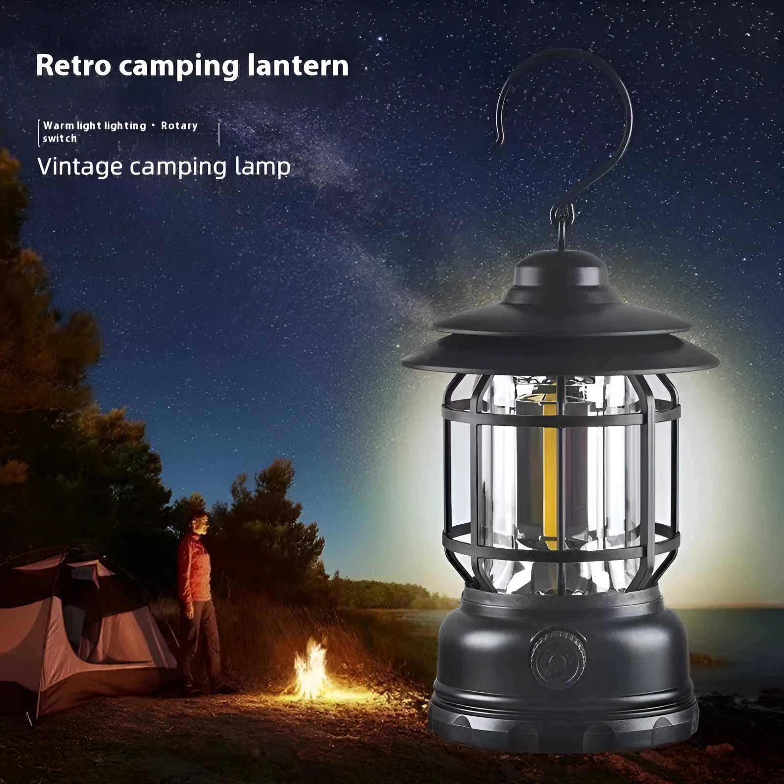 Portable camping head lamp lantern with magnetic base in black, red, or dark green showing 360° illumination