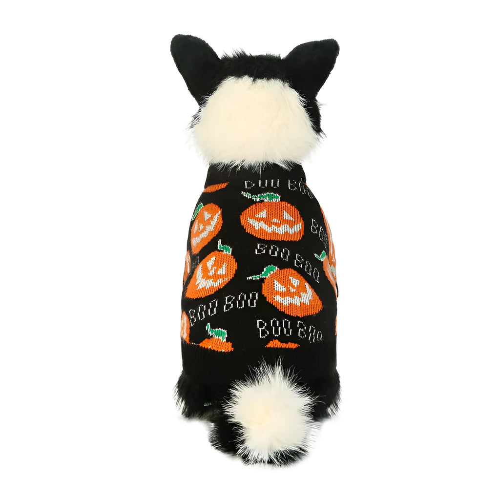 Black dog sweater with orange Halloween pumpkin pattern design