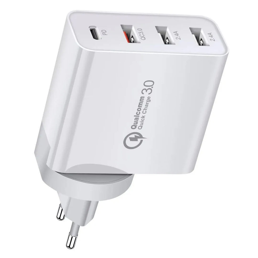 White 4-port USB fast wall charger with UK plug showing PD, QC and USB ports