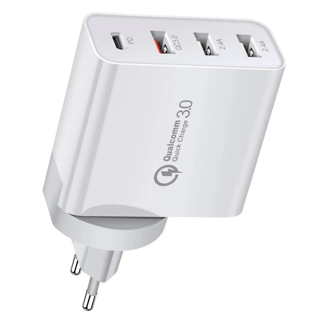 White 4-port USB fast wall charger with UK plug showing PD, QC and USB ports
