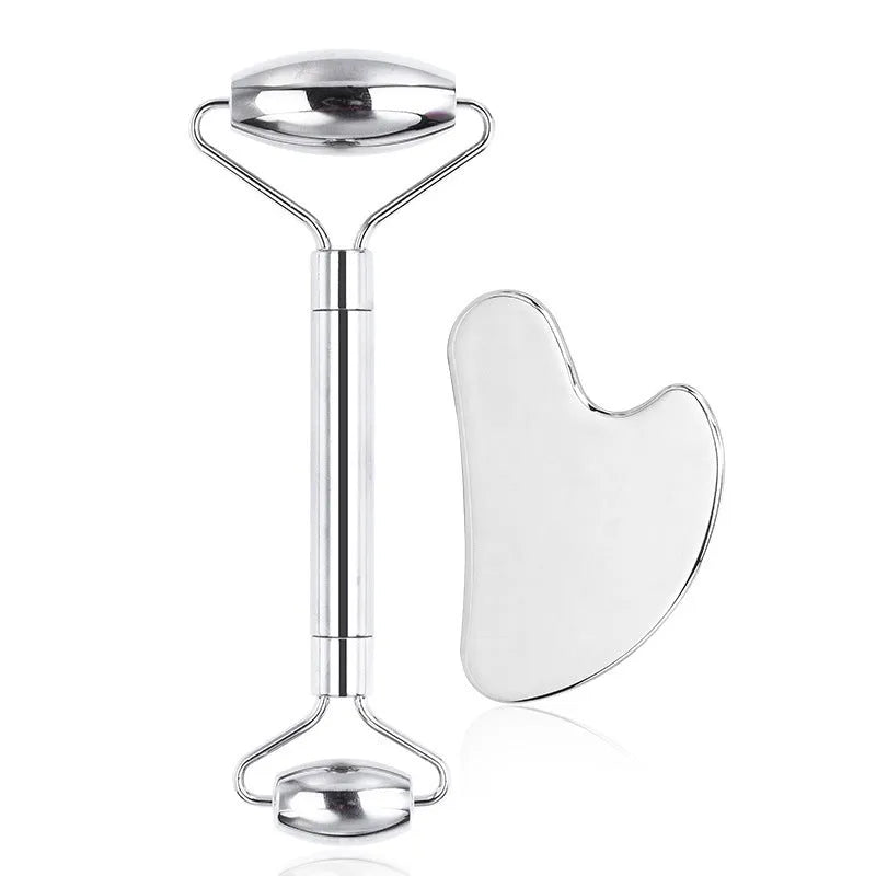 Stainless steel facial massage board set with heart-shaped eye tool and 3cm acupuncture pen