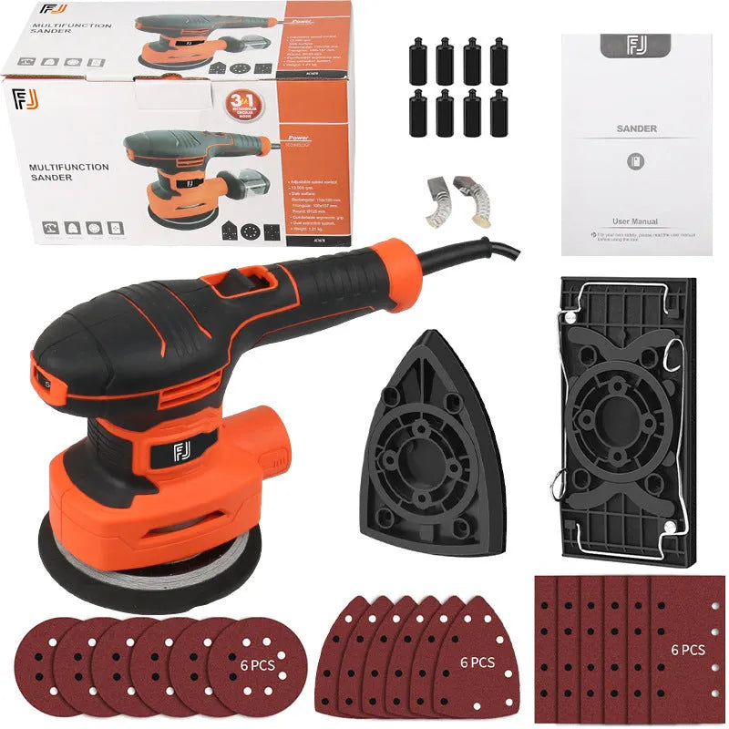 Multifunctional electric sander with speed control for woodworking polishing, includes abrasive disc and sandpaper