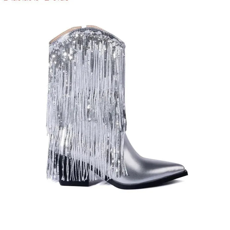 Women's brown chunky heel ankle boots with tassel detail and a high stiletto heel.