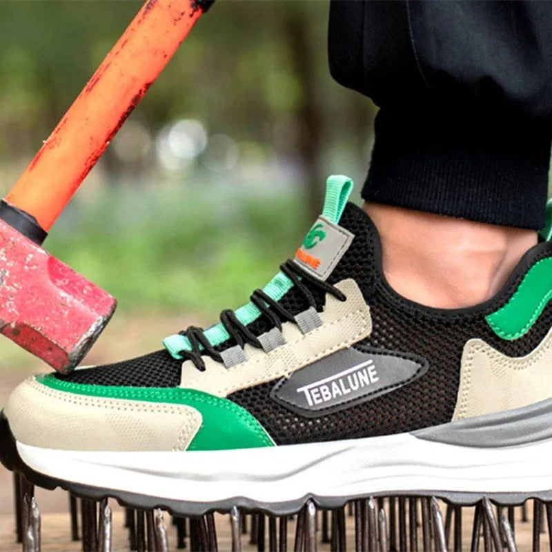 Black and green low-top safety shoes with a mesh upper and plastic steel toe cap on a white background.