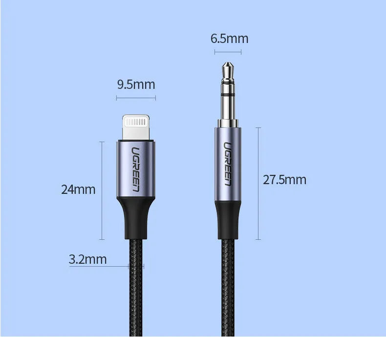 Black Apple Lightning to 3.5mm audio cable with braided TPE body and aluminium alloy connector for car adapter