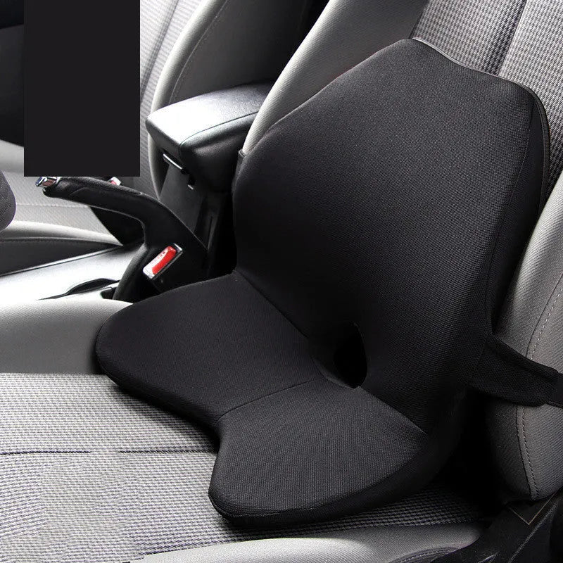 Car seat waist cushion with memory foam padding in beige colour, shown alongside a black version with headrest