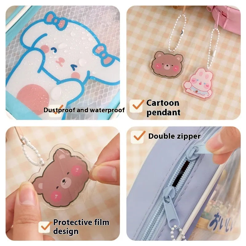 Transparent PVC student pencil case with vertical South Korea style candy bear design