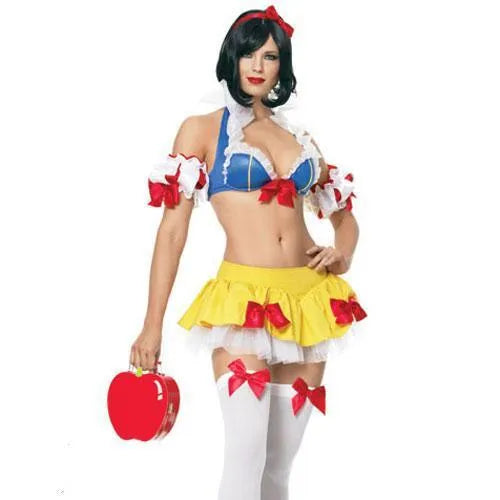 Snow White anime cosplay dress costume set with headwear, top, short skirt, and matching sleeves