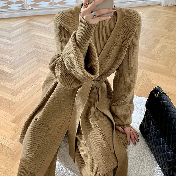 Women's knitted three-piece set showing cardigan, top, and wide-leg pants with leather stitching details in apricot colour