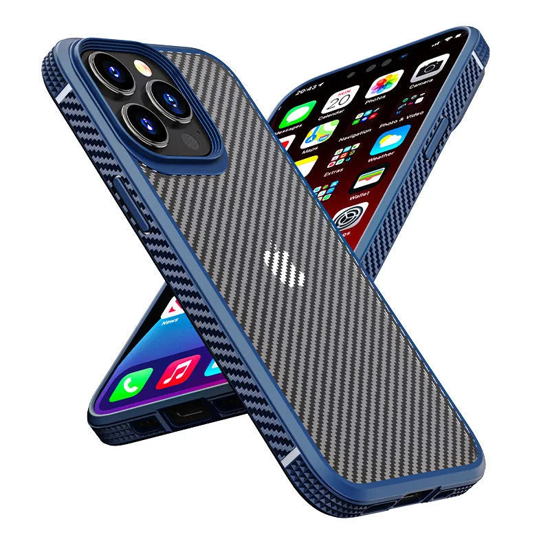Black and blue carbon fibre pattern anti-fall protective case for Apple iPhone 13, 13 Pro, and 13 Pro Max phones
