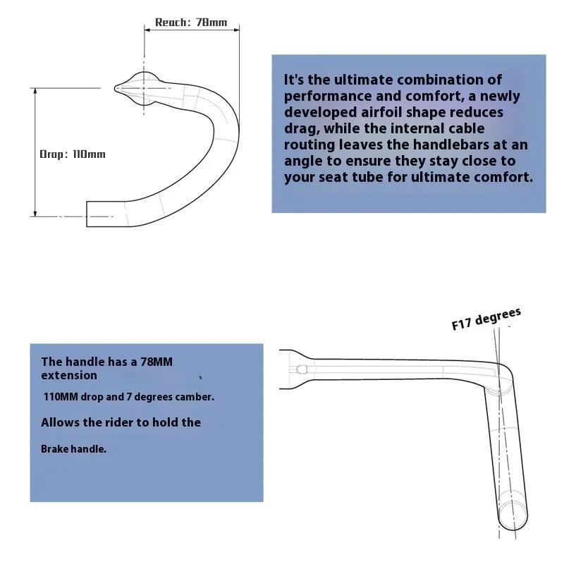 Carbon fibre road bicycle handlebar with double line graphics in black or red, showing 400mm, 420mm, 440mm width options.