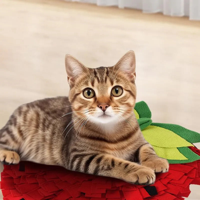 Red and green strawberry-shaped pet sniffing mat for slow feeding dogs and cats