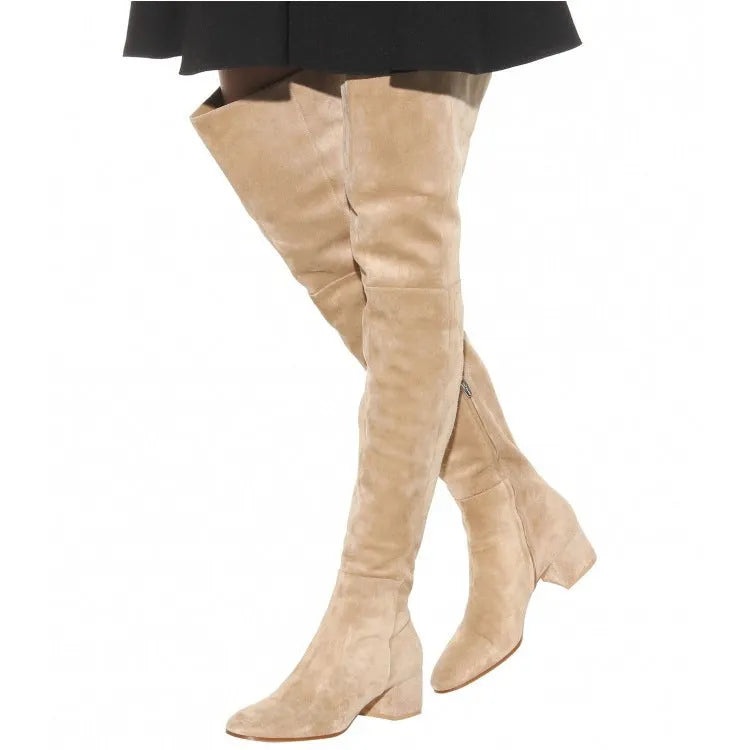 Women's grey suede flat over-the-knee boots with pointed toe and low thick heel