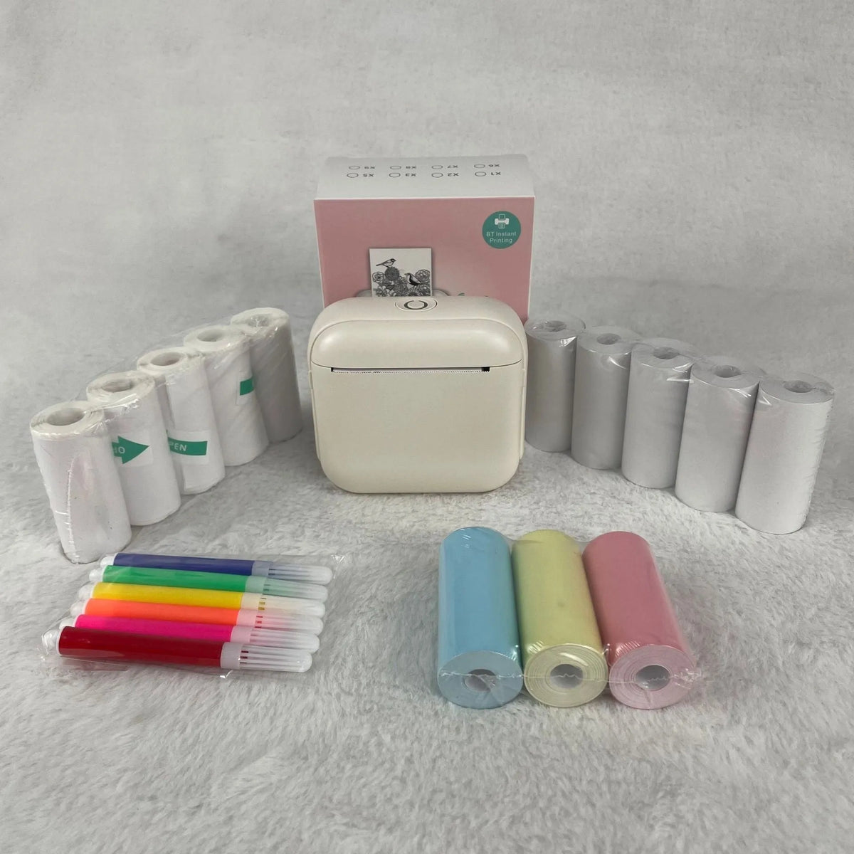 Mini HD Bluetooth thermal printer, 85 x 35 x 80mm, Beige Green Purple, label printing