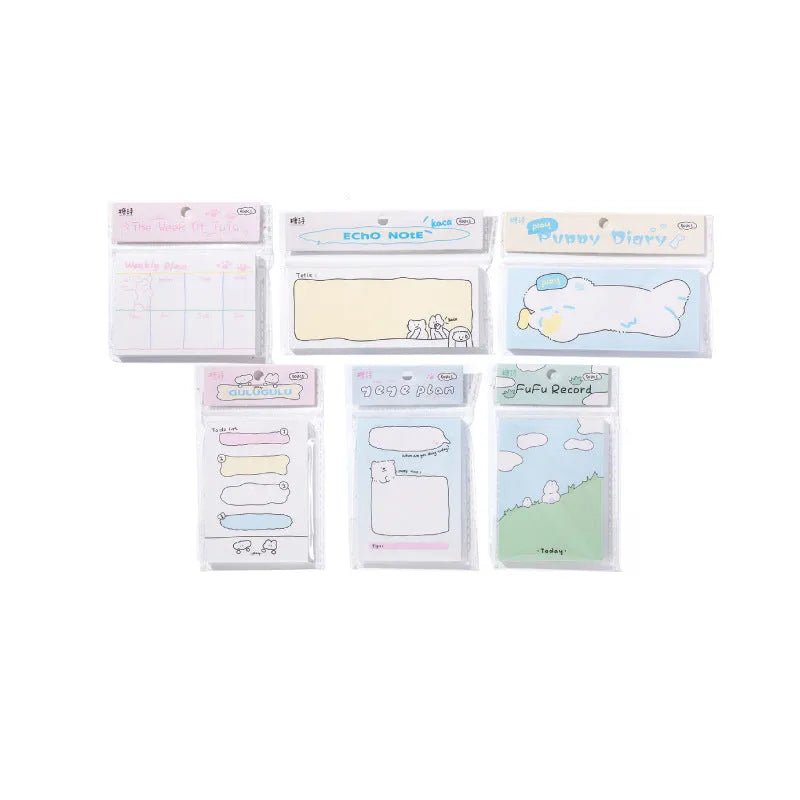 Cartoon sticky notes with heart-shaped collage design in six style options showing different sizes