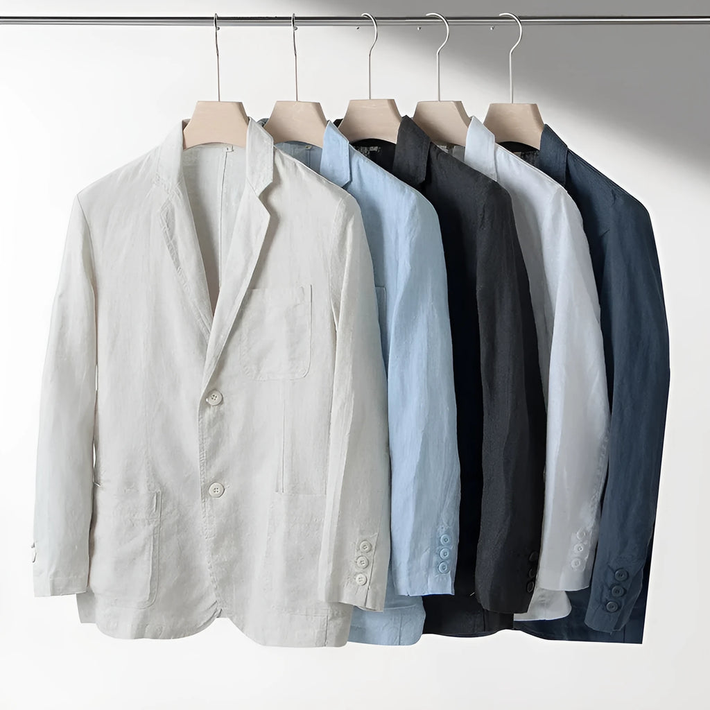 Men's casual linen suit jacket in a solid colour on a hanger, showing long sleeves and a relaxed fit.