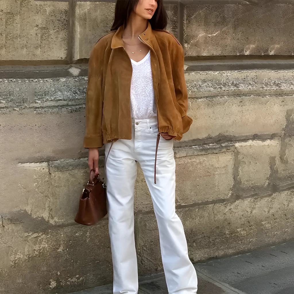 Loose fit solid colour retro jacket with long sleeves on mannequin