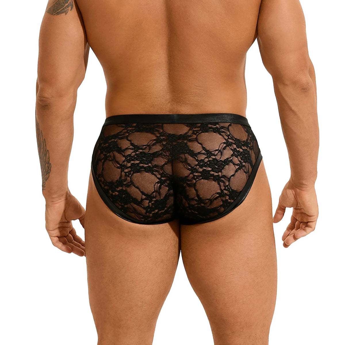 Black men's briefs with faux leather, polyester fabric, stitching and lace detail, sizes M to 3XL