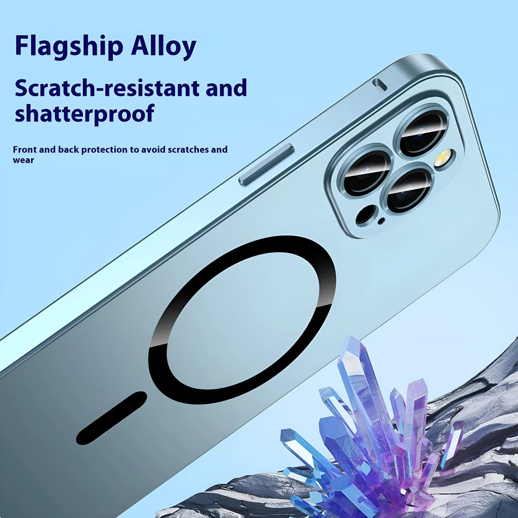 Metal frame spring fastener magnetic phone case in black with frosted finish for iPhone