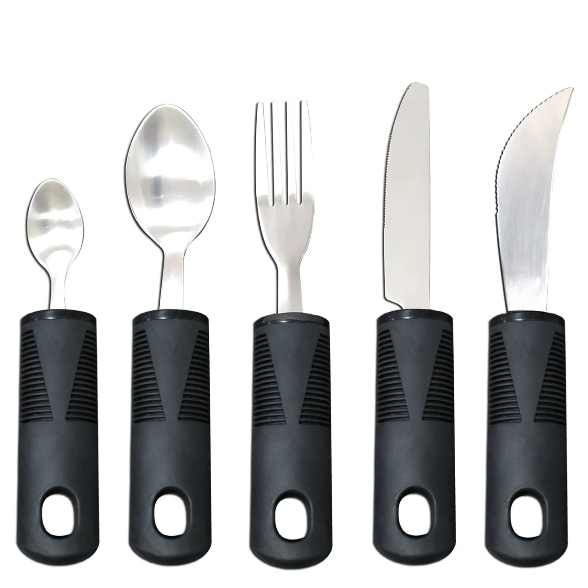 Anti-shake adaptive tableware set with stainless steel utensils and rubber handle grips