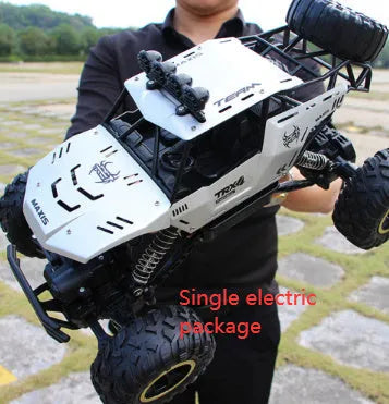 Black and silver 2.4G wireless remote control off-road cars in 28cm and 37cm sizes on rough terrain