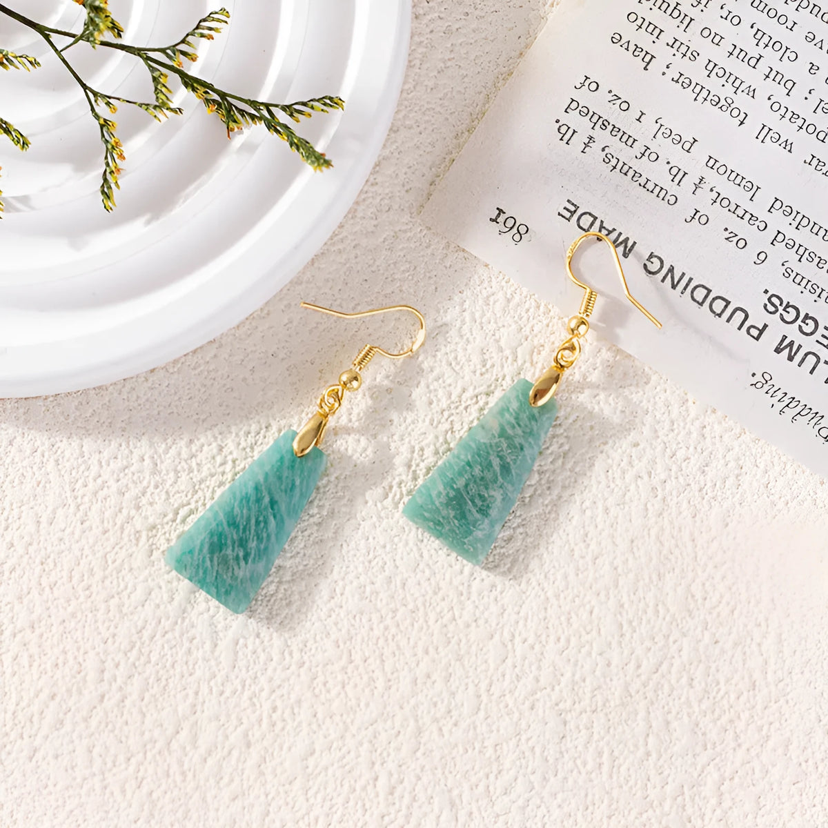Amazonite rough stone trapezoid earrings with geometric design in gold or silver settings