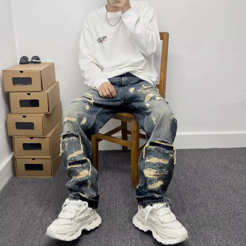 Light blue ripped patch denim jeans for teenagers mid waist zip fly cotton