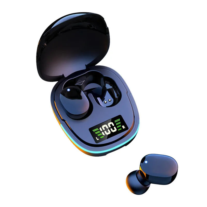 Black true wireless Bluetooth headphones with charging case and multiple ear caps