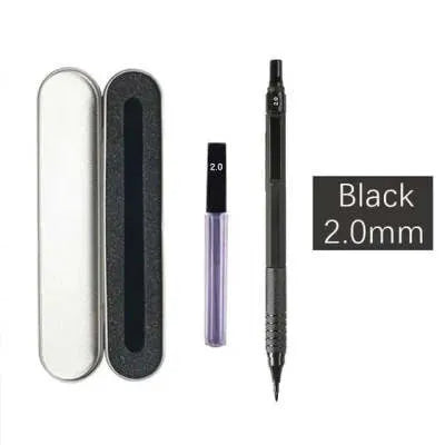 Silver metal automatic mechanical pencil with six compatible lead sizes from 0.5mm to 2.0mm on a notebook.