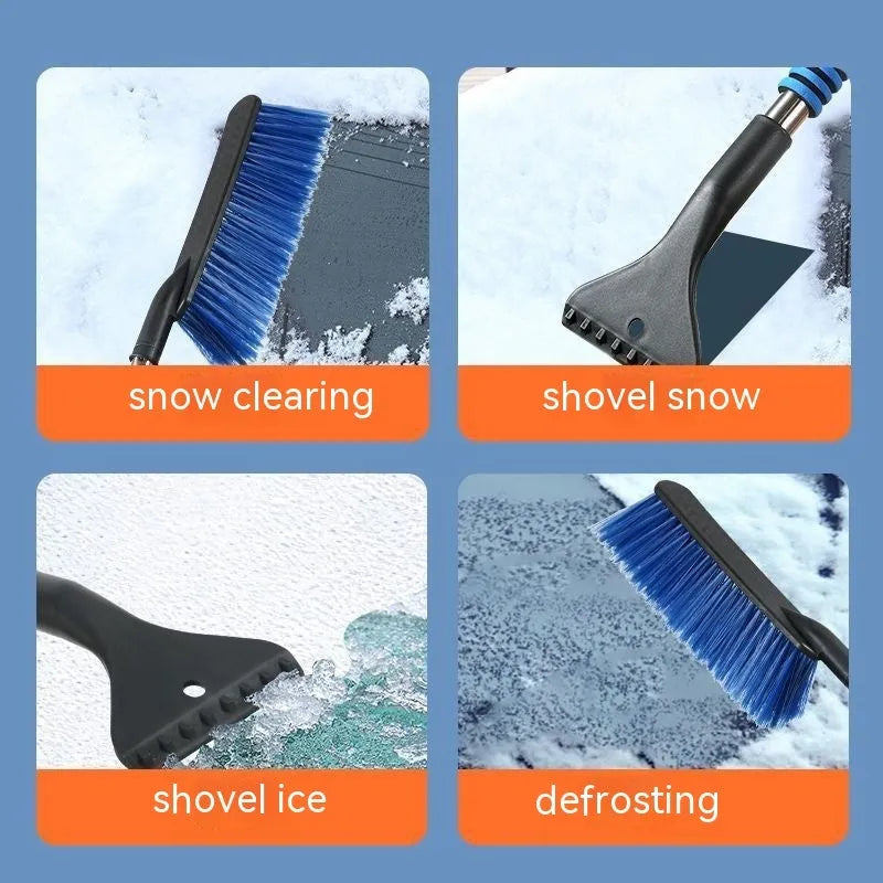 Winter car snow scraper brush with telescopic plastic long handle in blue for windscreen defrosting
