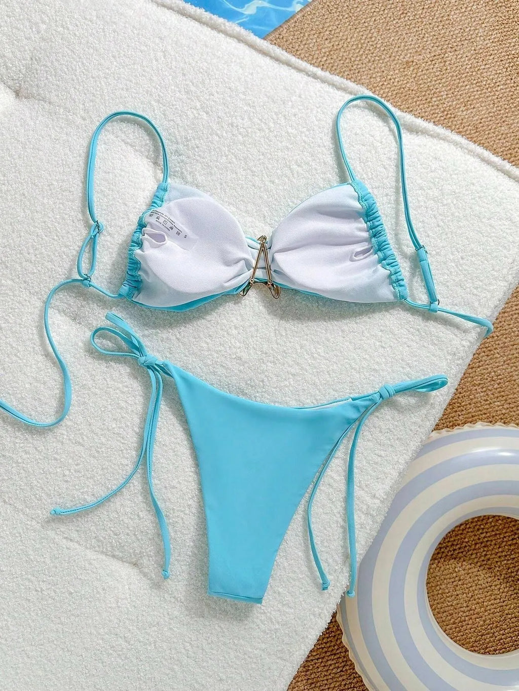 XINGX women's split bikini set in sky blue solid colour with quick-dry nylon fabric for swimming