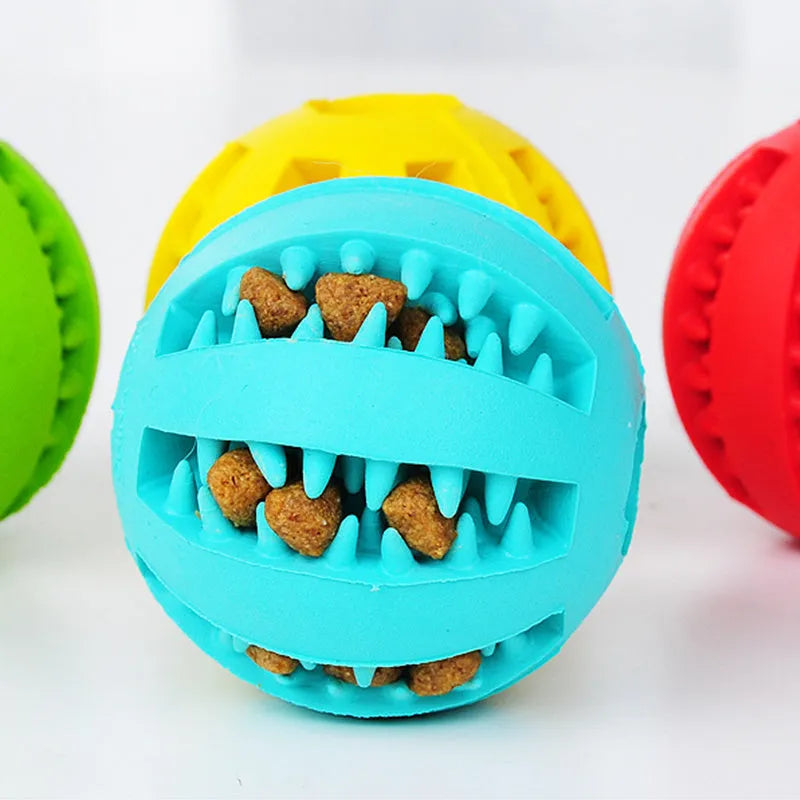 Rubber slow feeder dog ball toy in blue green red orange yellow sky blue, 5cm and 7cm sizes