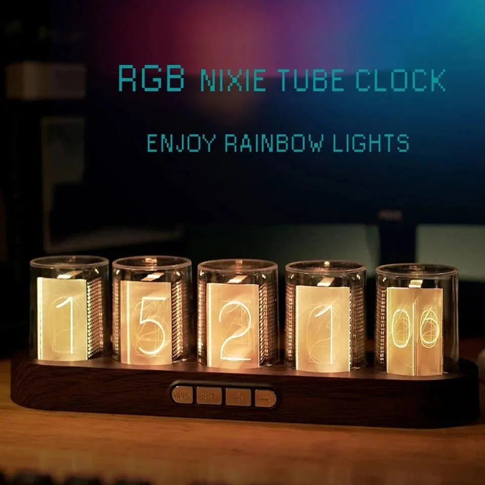 RGB LED digital tube clock showing time display with colourful lighting on a desk.