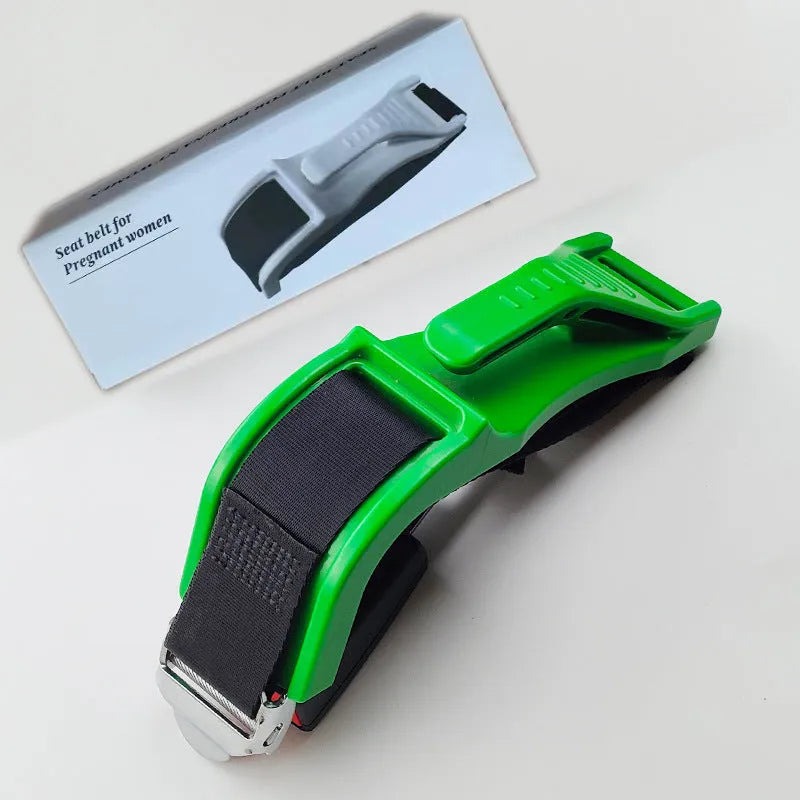 Black ABS maternity seat belt adjuster with metal buckle for pregnant passenger safety.