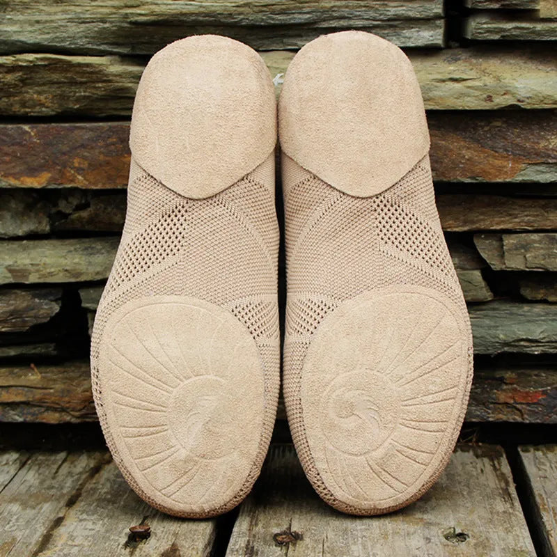 Solid colour Latin dance shoes with cotton mesh upper and leather sole in camel colour options