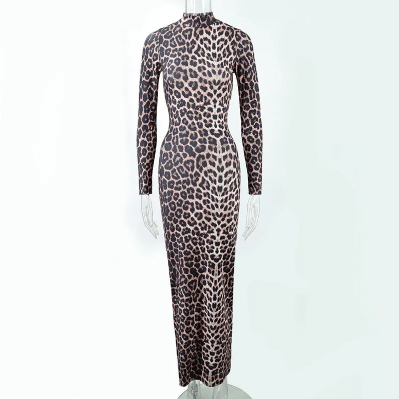 Leopard print women's dress with stand collar and long sleeves in high waist design