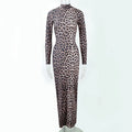 Leopard print women's dress with stand collar and long sleeves in high waist design