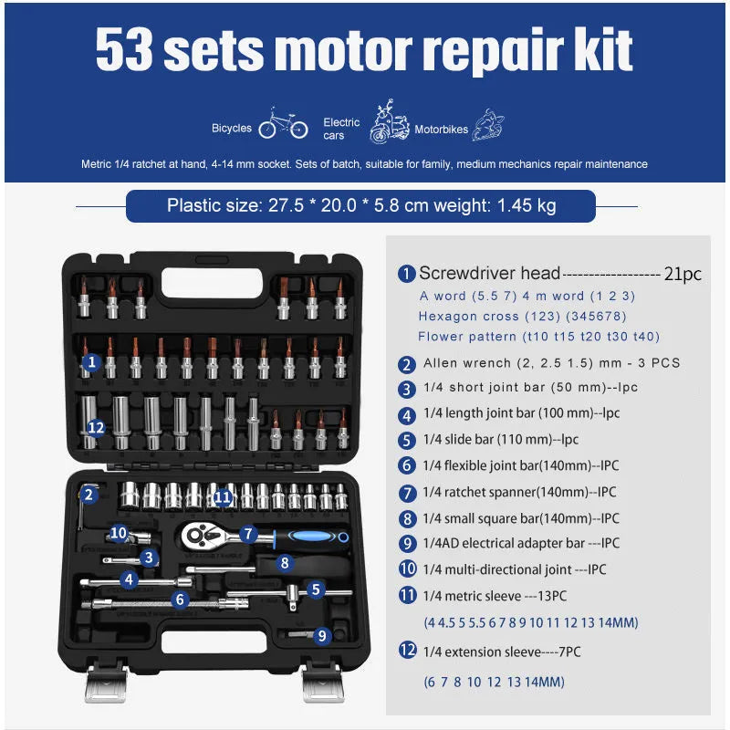 CR-V chromium vanadium steel socket ratchet wrench set for mechanical repair work