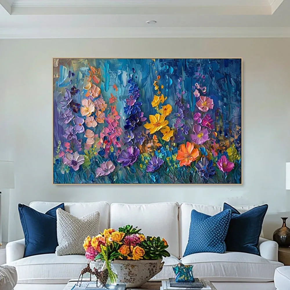 Handmade 3D thick oil flower painting on canvas, rolled frameless modern abstract wall art