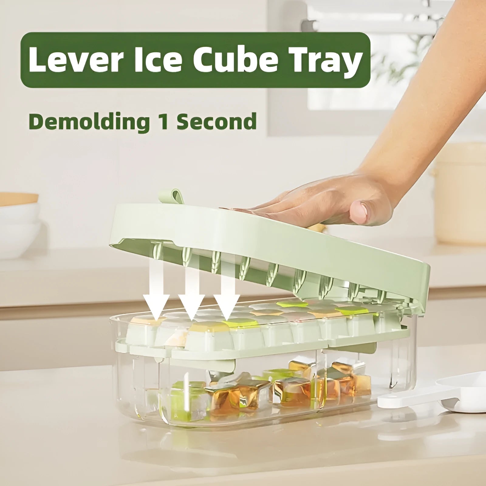 Food grade plastic ice cube tray grid in assorted colours with built-in storage for an ice shovel