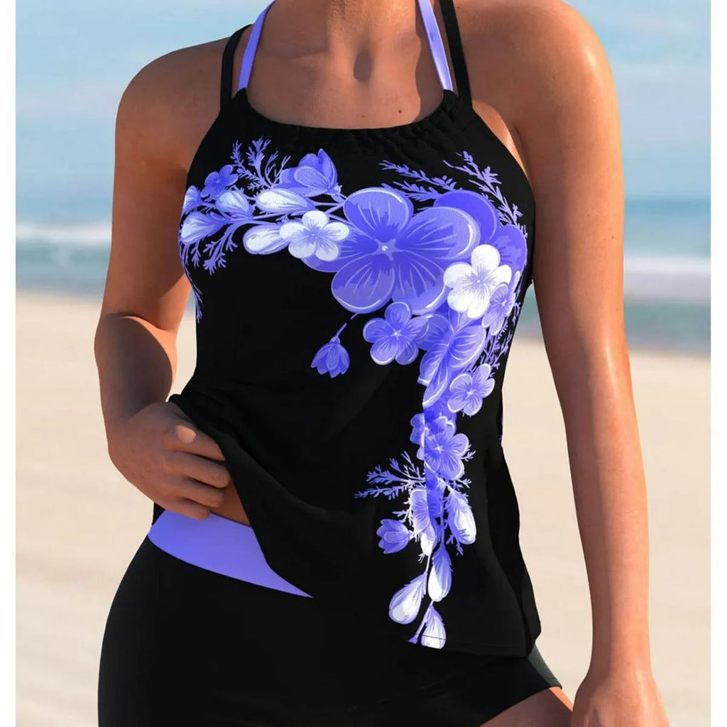 Plus size solid colour stitching bikini swimsuit in rose red, purple, orange or peacock blue, sizes S to 5XL, polyester sleeveless briefs style.
