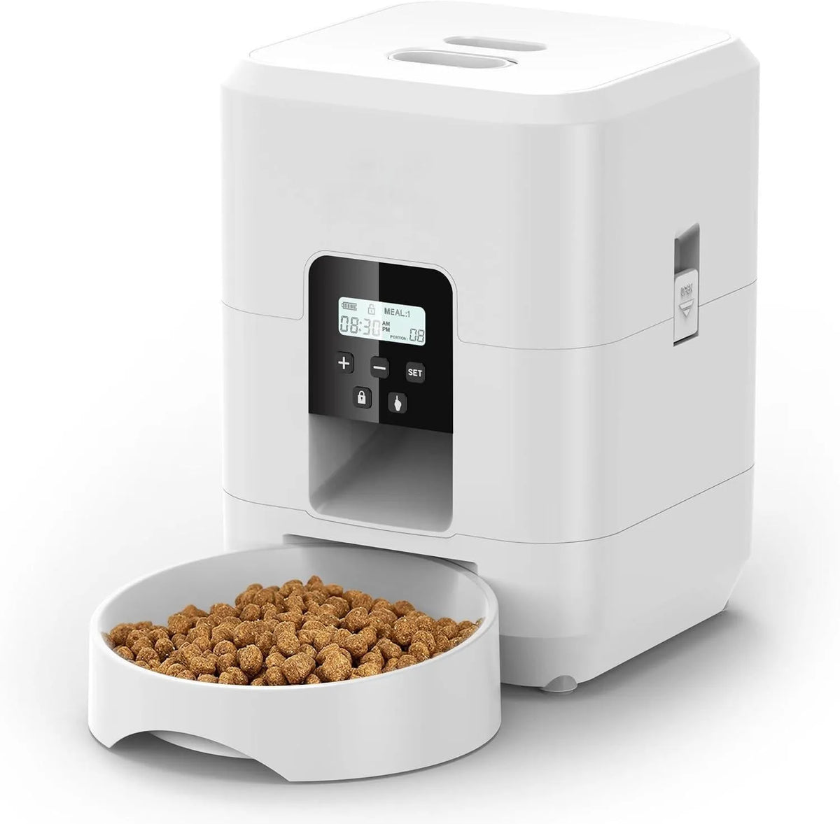 Automatic cat feeder with timer display and food container in white or black colour options