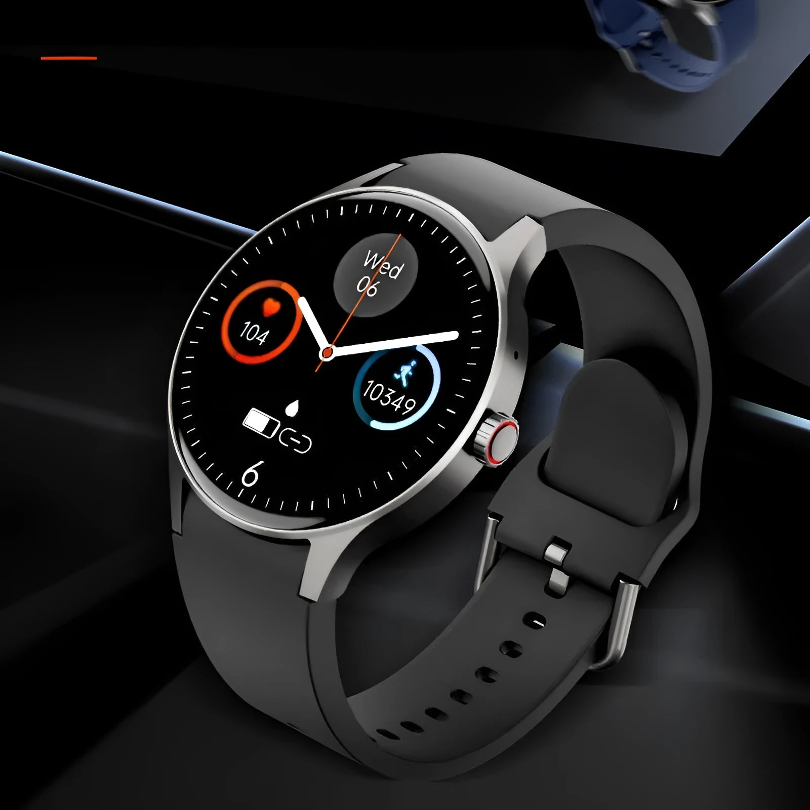 Smart watch with blood sugar detection on wrist showing AMOLED display